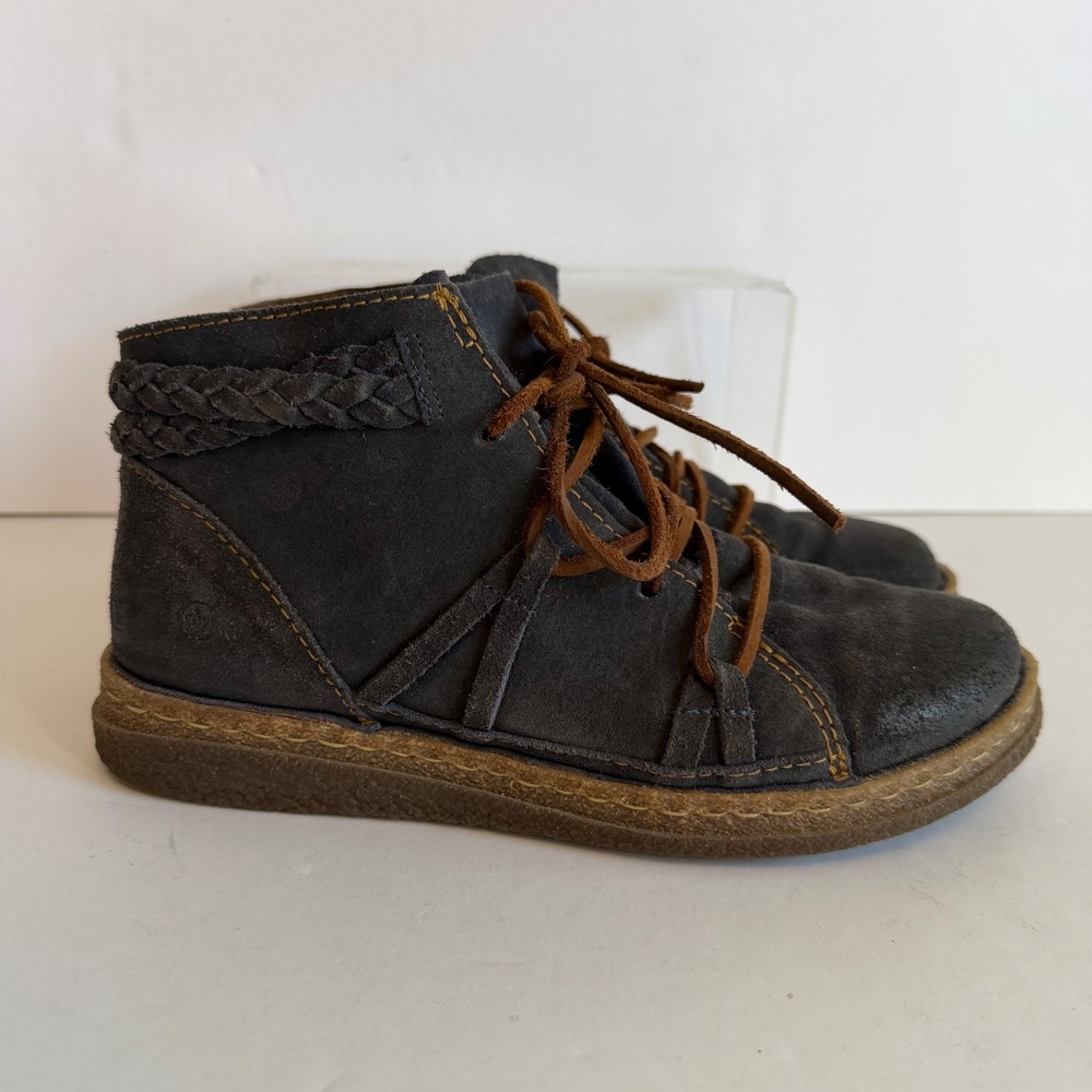 Born Temple Leather Ankle‎ Boots 8.5 Blue Distressed Braided Comfort Casual